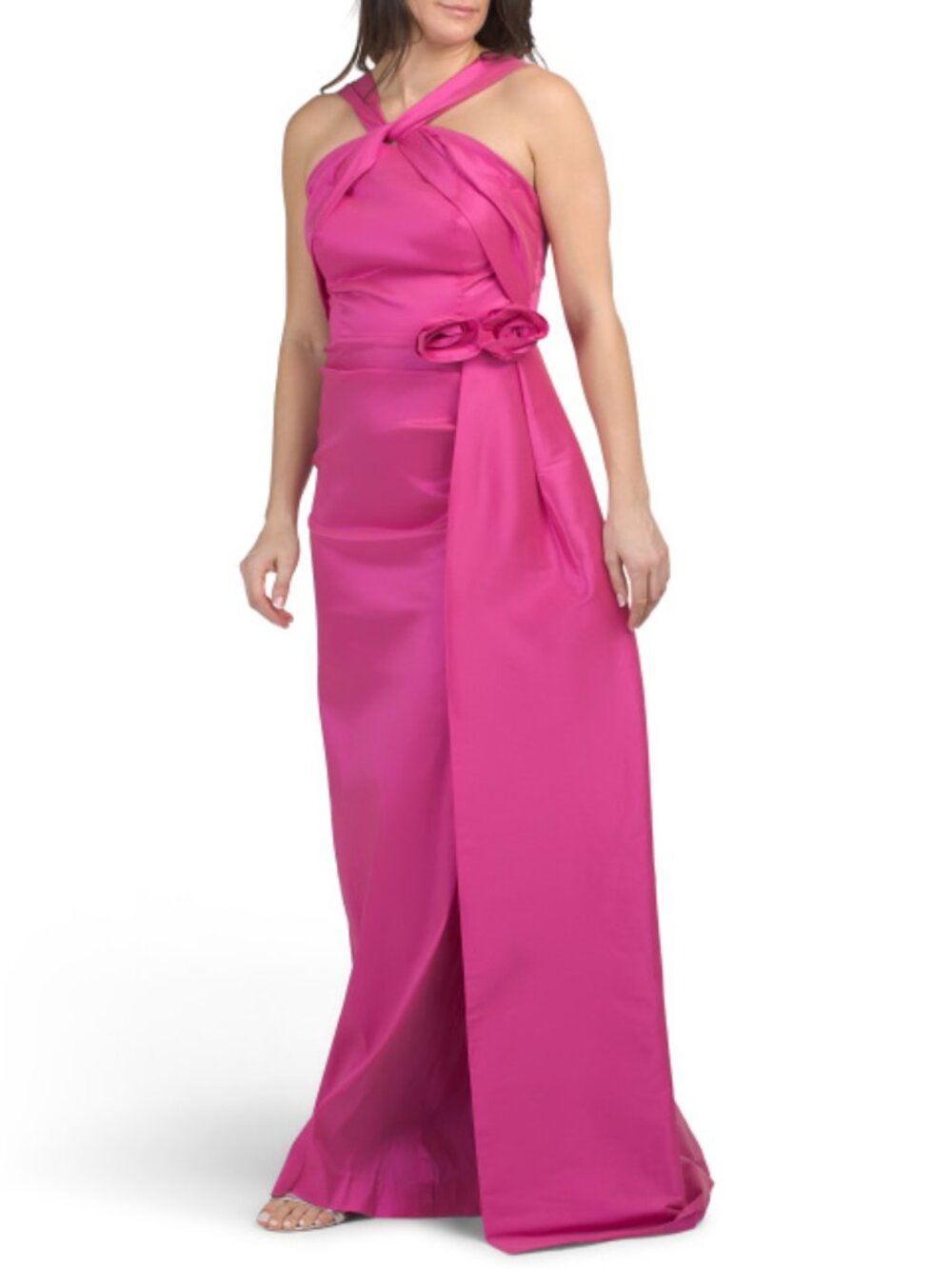 TERI JON Halter Neck Satin Ruched Gown